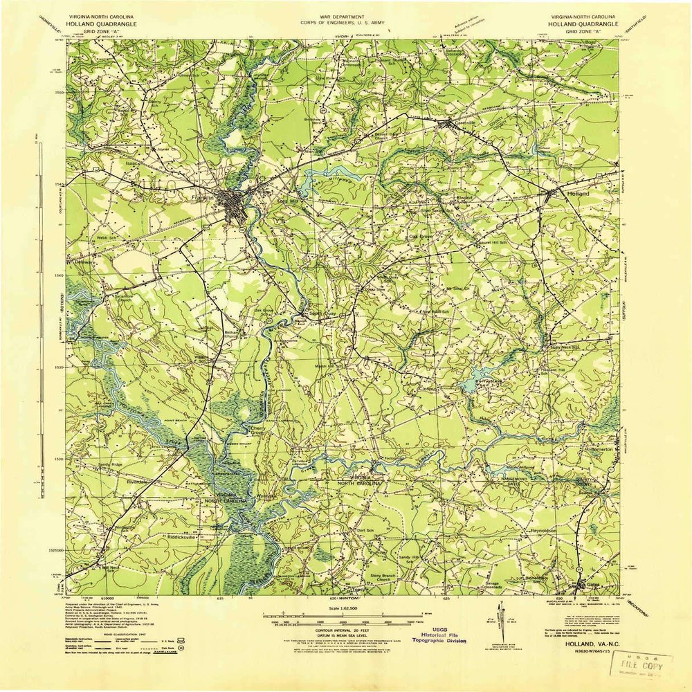 YellowMaps Holland VA topo map, 1:62500 Scale, 15 X 15 Minute, Historical, 1943, 21.9 x 17.8 in - Tyvek