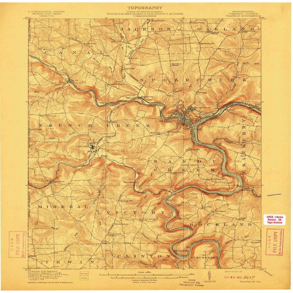 YellowMaps Franklin PA topo map, 1:62500 Scale, 15 X 15 Minute, Historical, 1911, Updated 1911, 20.4 x 16.5 in - Polypropylene