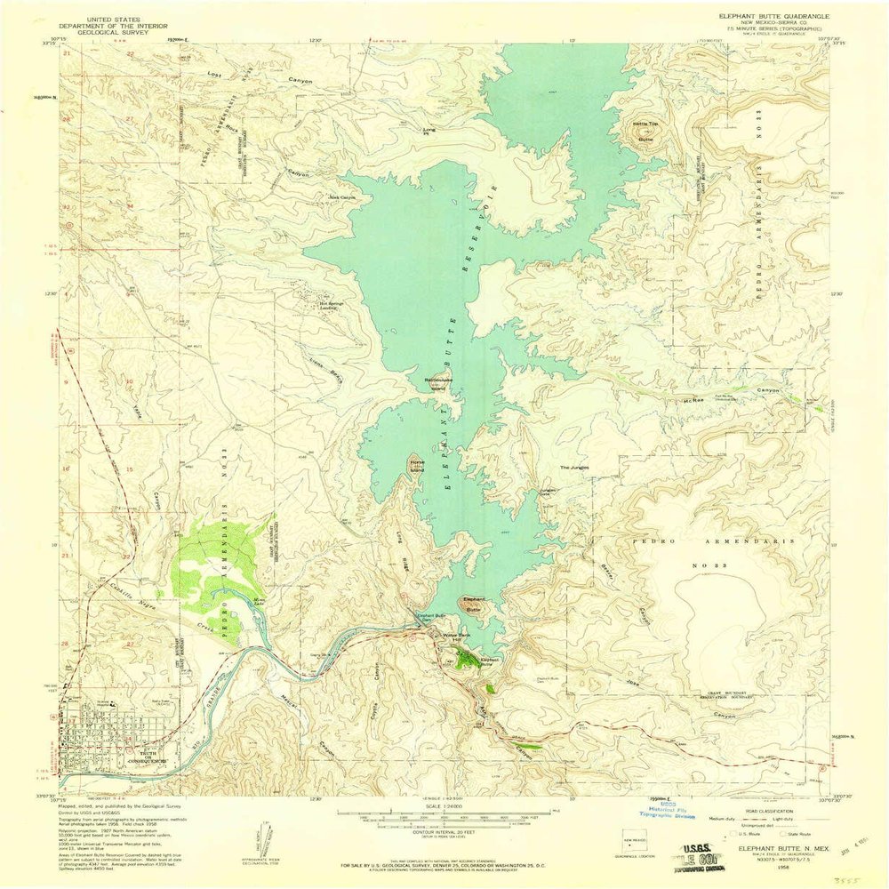 YellowMaps Elephant Butte NM topo map, 1:24000 Scale, 7.5 X 7.5 Minute, Historical, 1958, Updated 1960, 26.9 x 22.1 in - Polypropylene