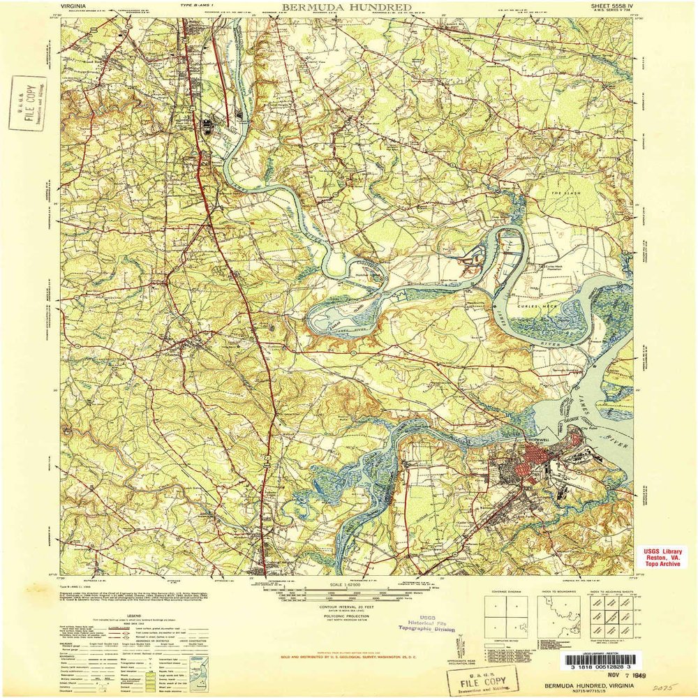 YellowMaps Bermuda Hundred VA topo map, 1:62500 Scale, 15 X 15 Minute, Historical, 1946, 21.8 x 16.9 in - Polypropylene