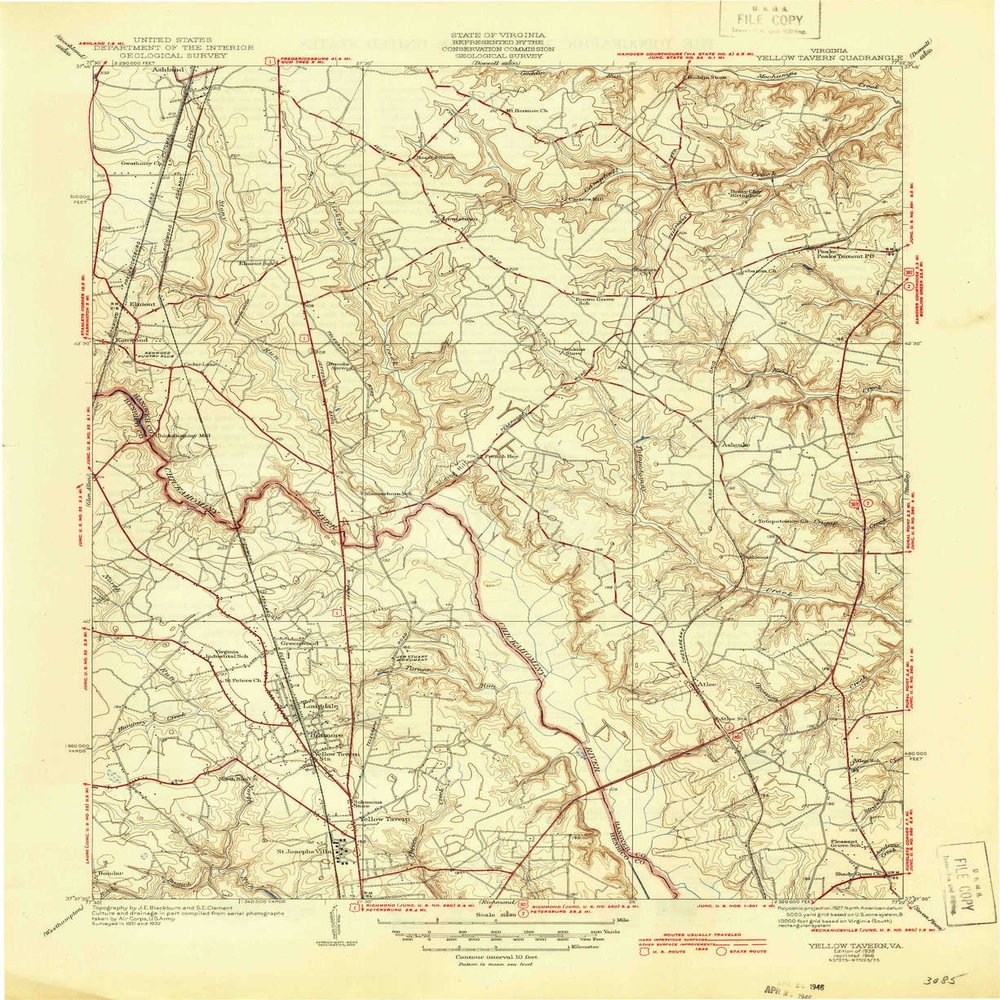 Yellow Tavern VA topo map, 1:31680 Scale, 7.5 X 7.5 Minute, Historical, 1938, Updated 1946, 20.6 x 16.8 in - Polypropylene