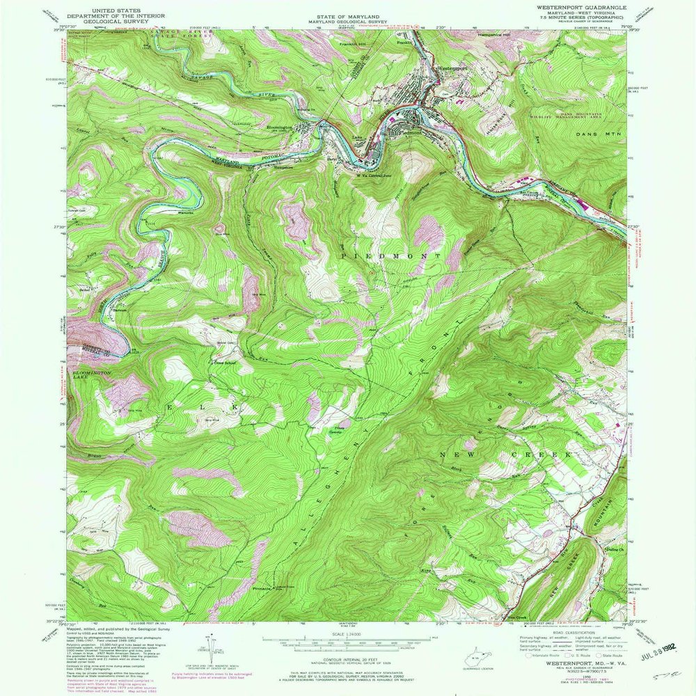 YellowMaps Westernport MD topo map, 1:24000 Scale, 7.5 X 7.5 Minute, Historical, 1950, Updated 1982, 26.8 x 21.9 in - Polypropylene