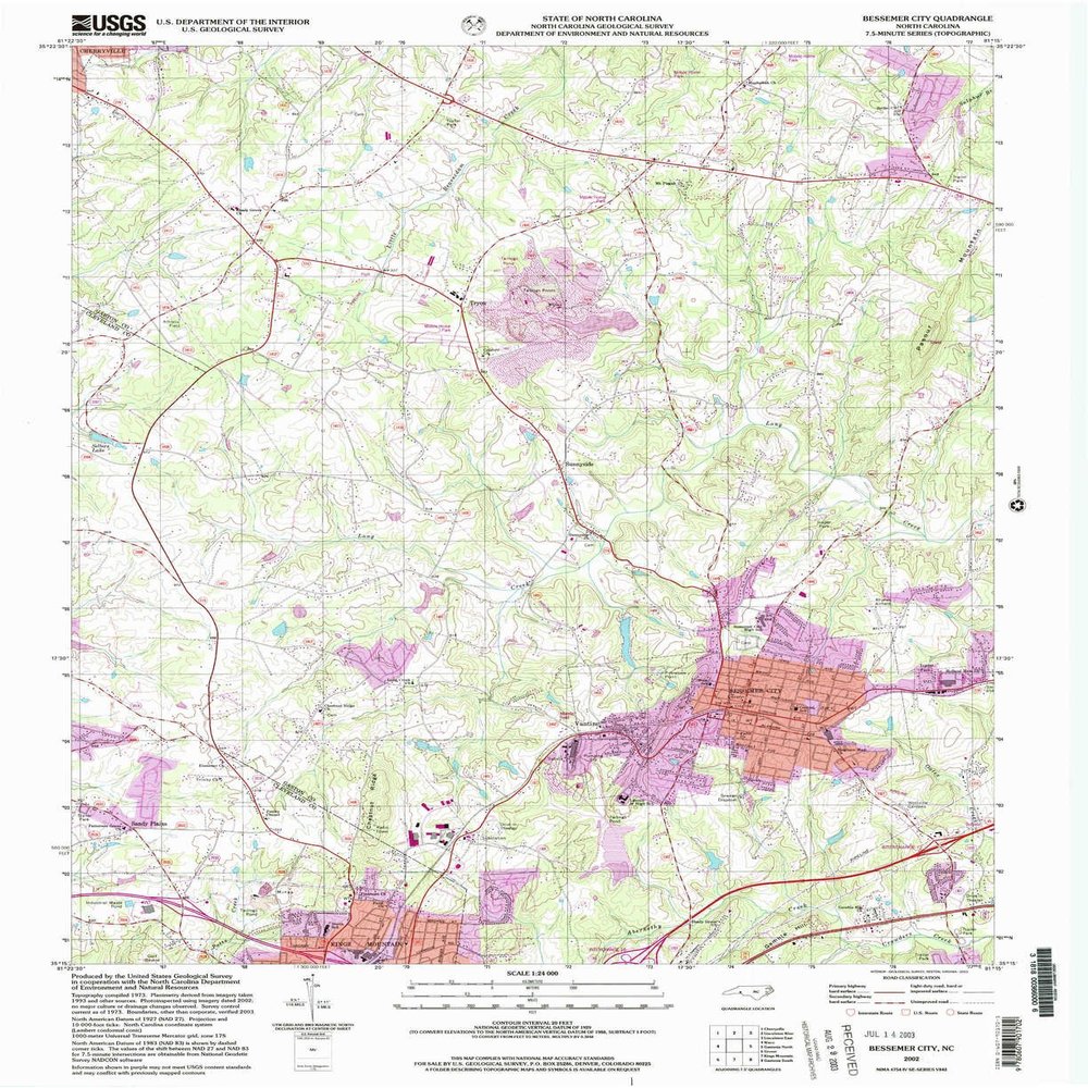 YellowMaps Bessemer City NC topo map, 1:24000 Scale, 7.5 X 7.5 Minute, Historical, 2002, Updated 2003, 26.9 x 21.9 in - Polypropylene