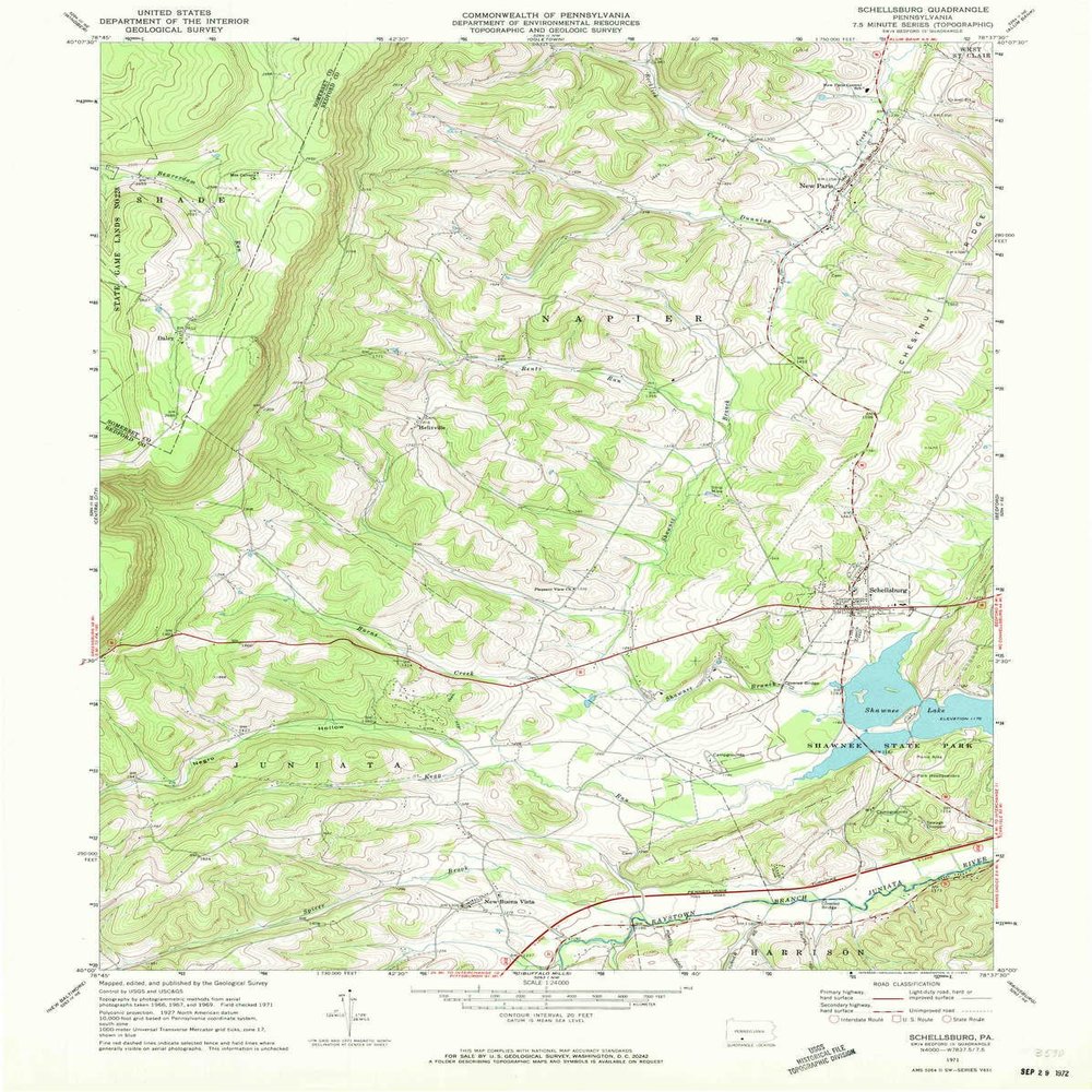 YellowMaps Schellsburg PA topo map, 1:24000 Scale, 7.5 X 7.5 Minute, Historical, 1971, Updated 1972, 26.7 x 21.3 in - Polypropylene