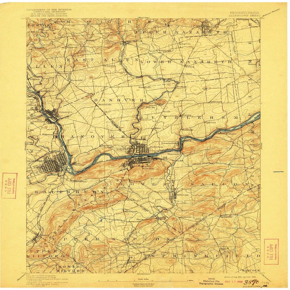 YellowMaps Allentown PA topo map, 1:62500 Scale, 15 X 15 Minute, Historical, 1894, Updated 1922, 19.9 x 16.5 in - Polypropylene