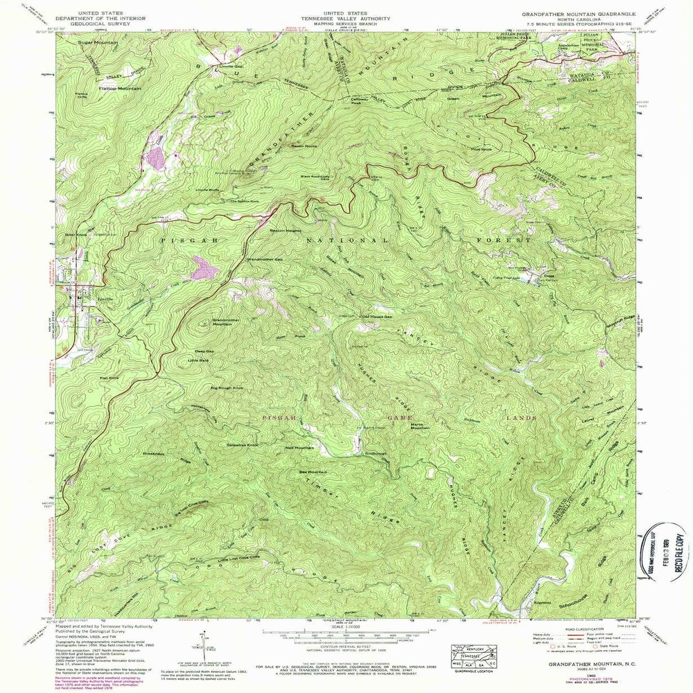 YellowMaps Grandfather Mountain NC topo map, 1:24000 Scale, 7.5 X 7.5 Minute, Historical, 1960, Updated 1988, 26.9 x 22.1 in - Polypropylene