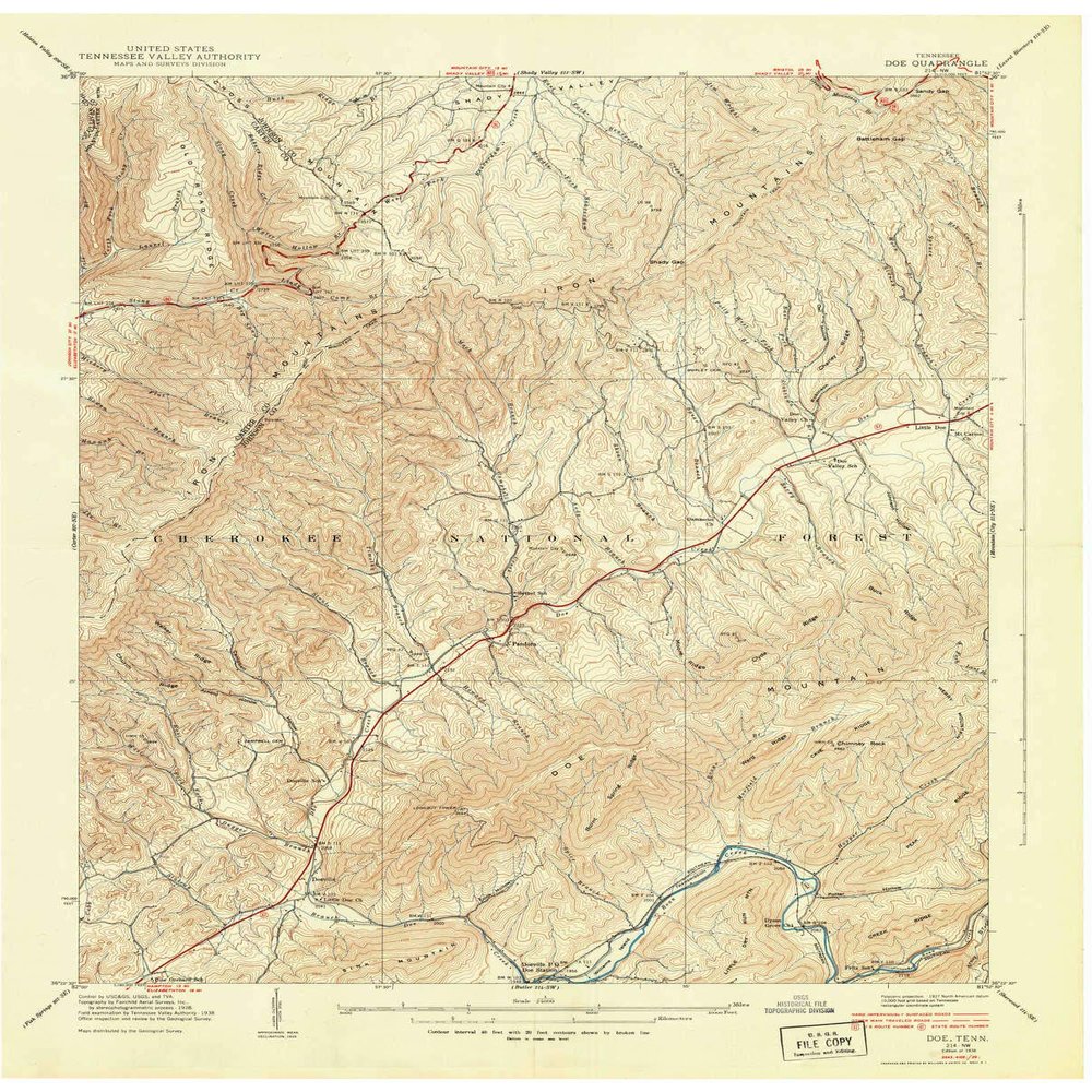 YellowMaps Doe TN topo map, 1:24000 Scale, 7.5 X 7.5 Minute, Historical, 1938, Updated 1957, 27.4 x 22 in - Tyvek