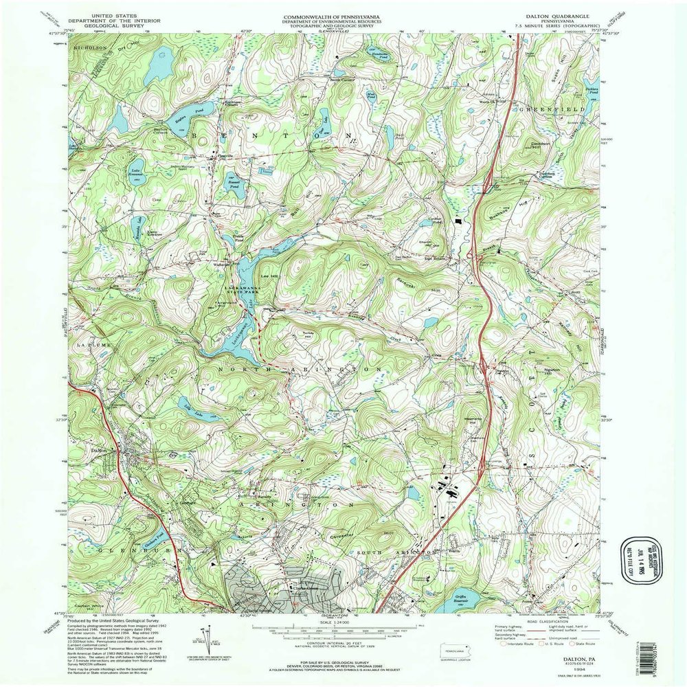 YellowMaps Dalton PA topo map, 1:24000 Scale, 7.5 X 7.5 Minute, Historical, 1994, Updated 1995, 26.8 x 21.9 in - Tyvek