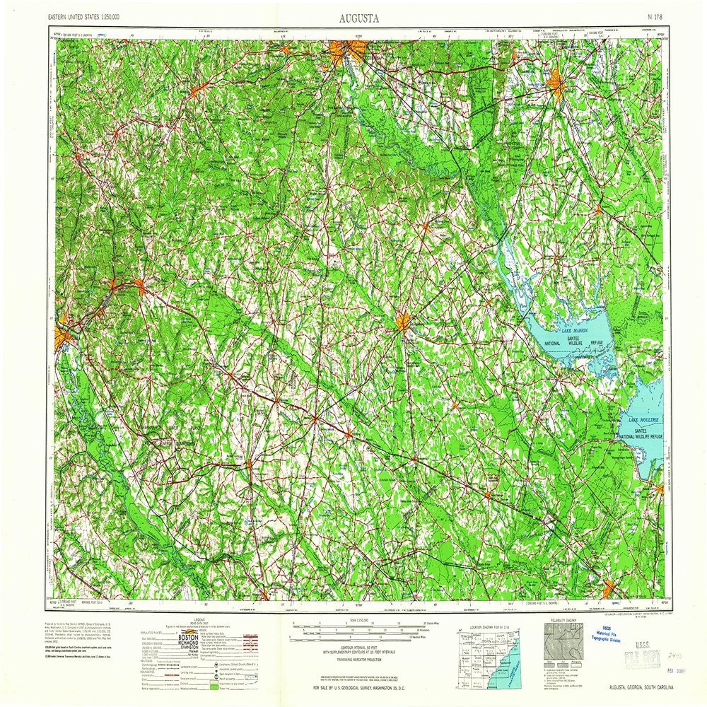 YellowMaps Augusta GA topo map, 1:250000 Scale, 1 X 2 Degree, Historical, 1961, 22 x 34 in - Polypropylene