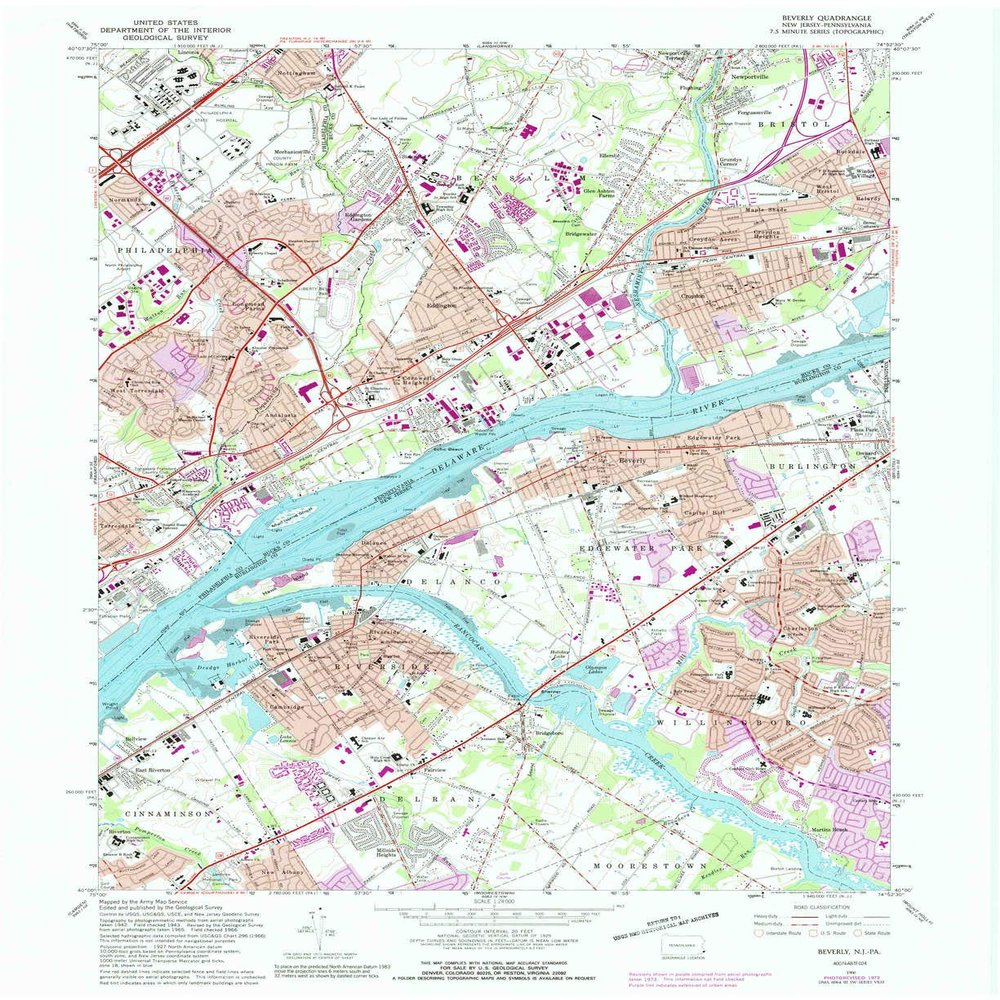 YellowMaps Beverly NJ topo map, 1:24000 Scale, 7.5 X 7.5 Minute, Historical, 1966, Updated 1990, 27 x 22 in - Polypropylene