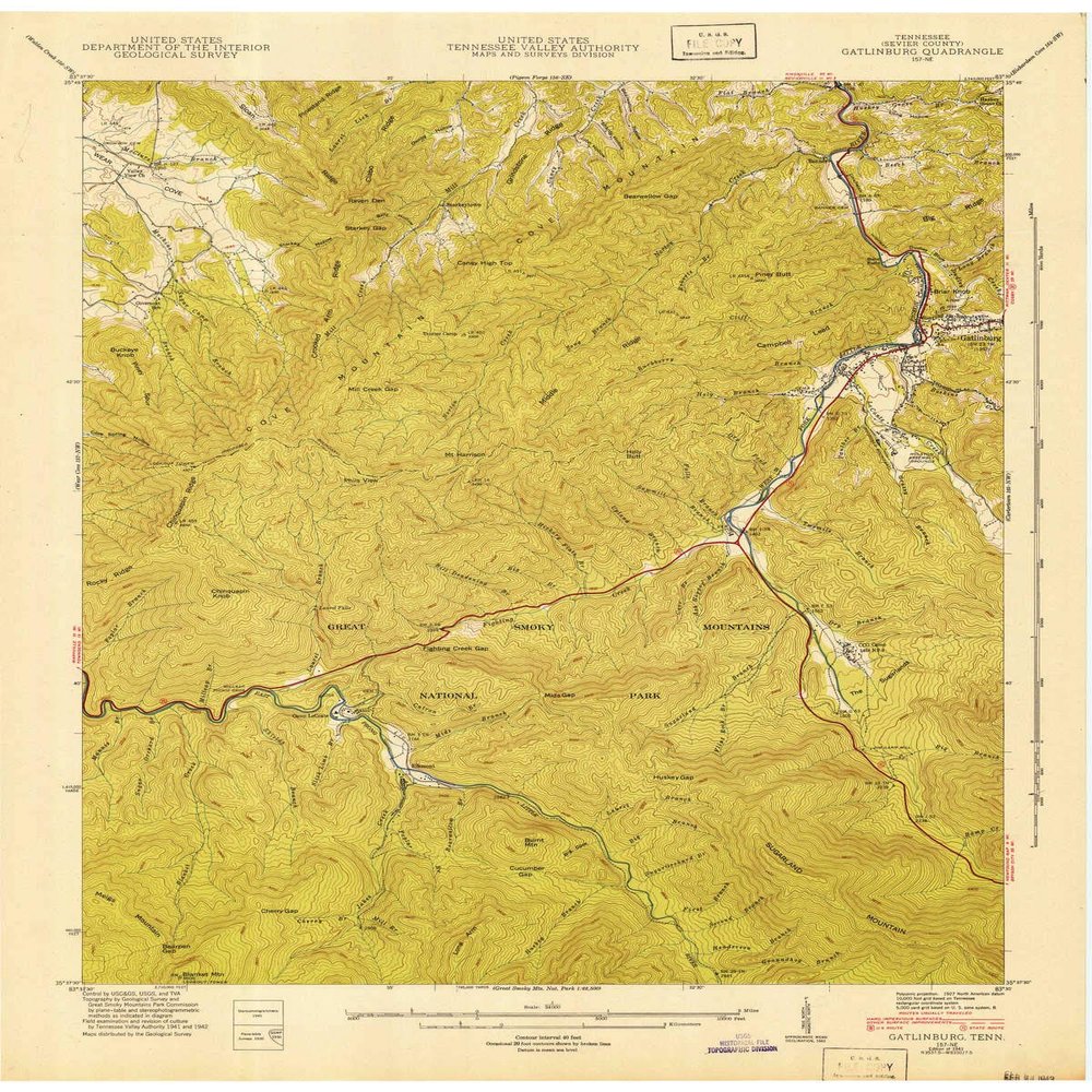 YellowMaps Gatlinburg TN topo map, 1:24000 Scale, 7.5 X 7.5 Minute, Historical, 1943, 27.4 x 22 in - Tyvek