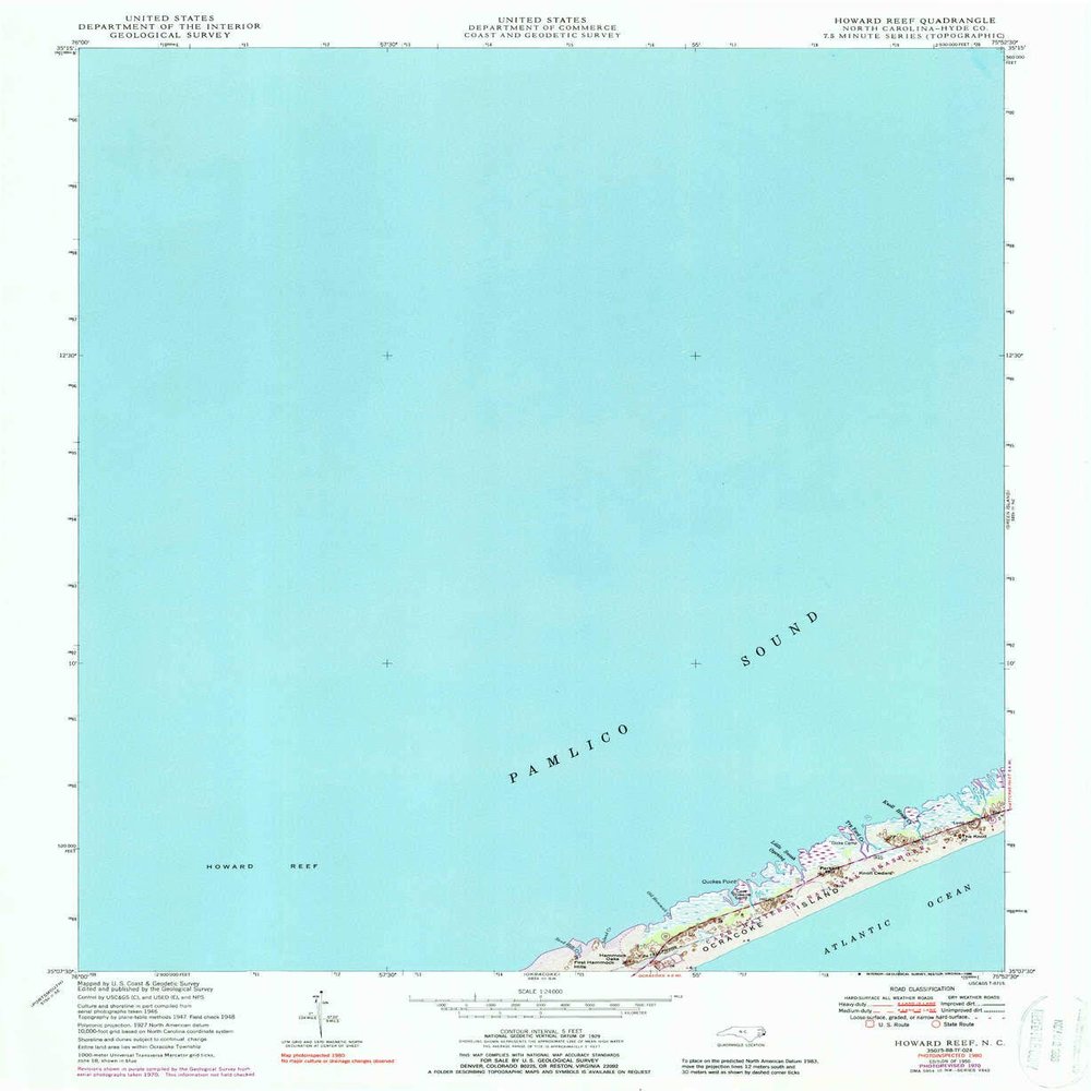 YellowMaps Howard Reef NC topo map, 1:24000 Scale, 7.5 X 7.5 Minute, Historical, 1950, Updated 1988, 26.9 x 22 in - Polypropylene