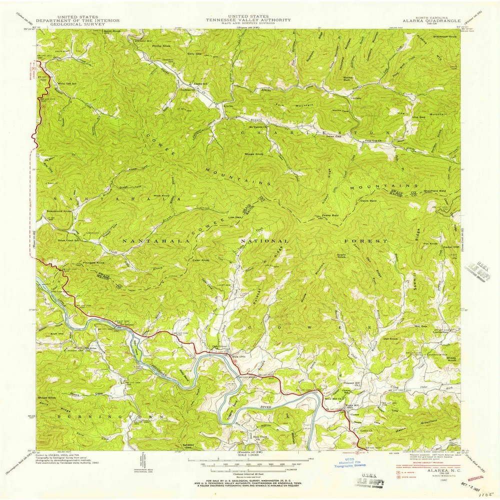 YellowMaps Alarka NC topo map, 1:24000 Scale, 7.5 X 7.5 Minute, Historical, 1940, Updated 1957, 27 x 22 in - Tyvek