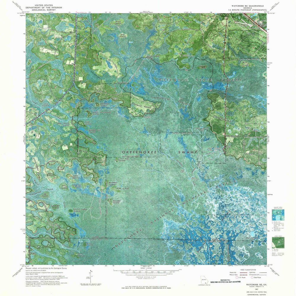 YellowMaps Waycross SE GA topo map, 1:24000 Scale, 7.5 X 7.5 Minute, Historical, 1967, Updated 1968, 26.8 x 24 in - Polypropylene