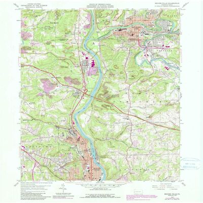 YellowMaps Beaver Falls PA topo map, 1:24000 Scale, 7.5 X 7.5 Minute, Historical, 1957, Updated 1990, 27 x 22.1 in - Polypropylene