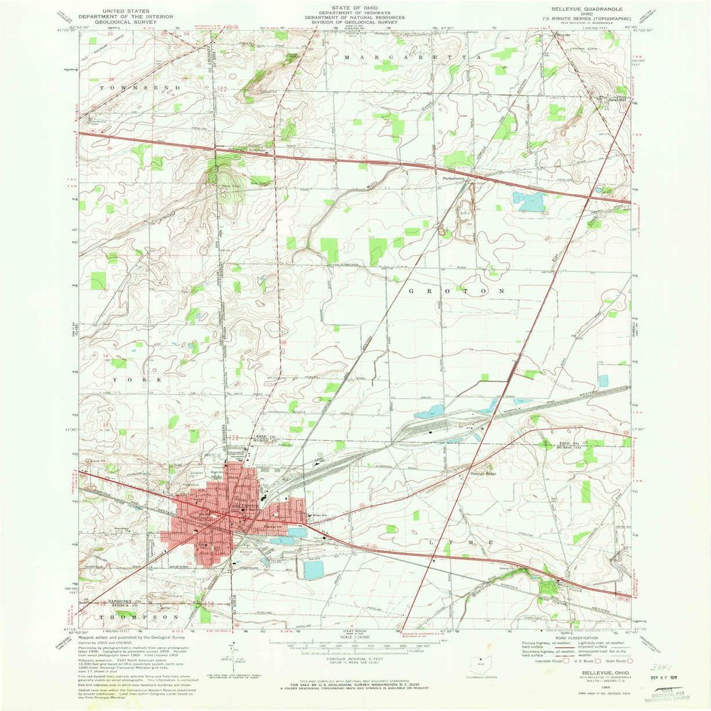 Bellevue OH topo map, 1:24000 Scale, 7.5 X 7.5 Minute, Historical, 1969, Updated 1971, 27 x 22.1 in - Polypropylene