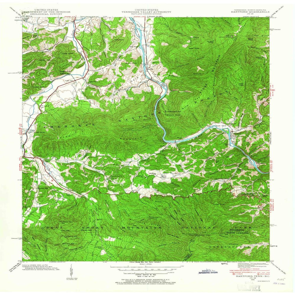 YellowMaps Hartford TN topo map, 1:24000 Scale, 7.5 X 7.5 Minute, Historical, 1940, Updated 1965, 27.4 x 22.1 in - Polypropylene