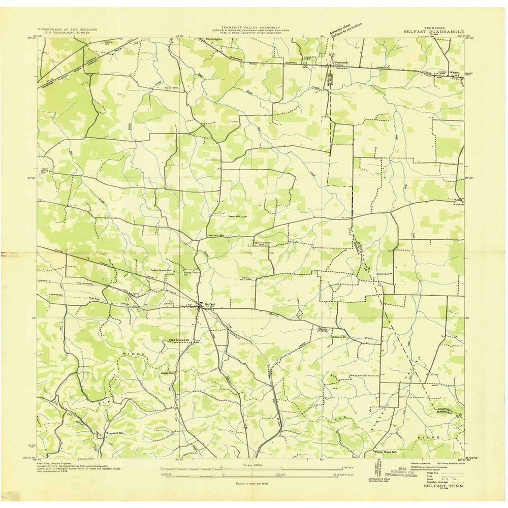 YellowMaps Belfast TN topo map, 1:24000 Scale, 7.5 X 7.5 Minute, Historical, 1936, 27.5 x 22.1 in - Tyvek