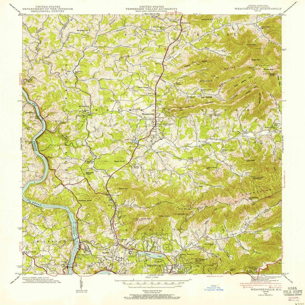 YellowMaps Weaverville NC topo map, 1:24000 Scale, 7.5 X 7.5 Minute, Historical, 1942, Updated 1954, 26.8 x 21.8 in - Polypropylene