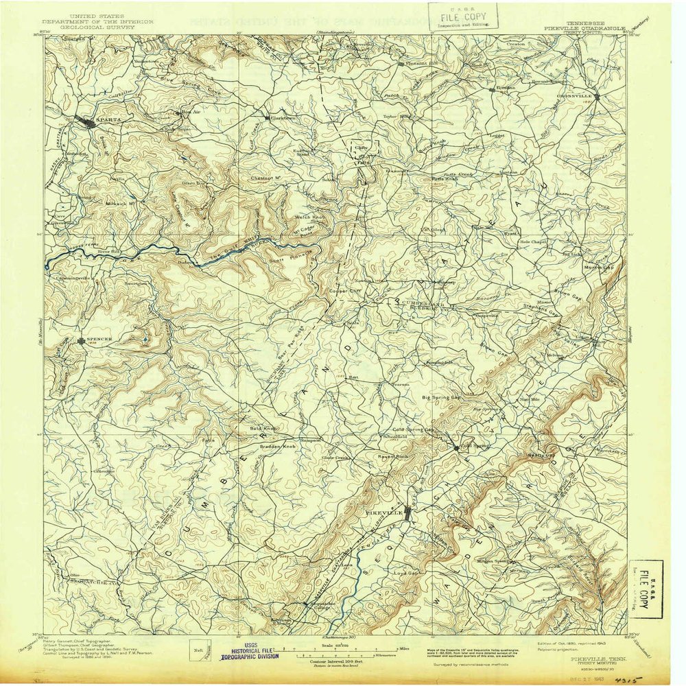 YellowMaps Pikeville TN topo map, 1:125000 Scale, 30 X 30 Minute, Historical, 1895, Updated 1943, 19.9 x 16.8 in - Polypropylene