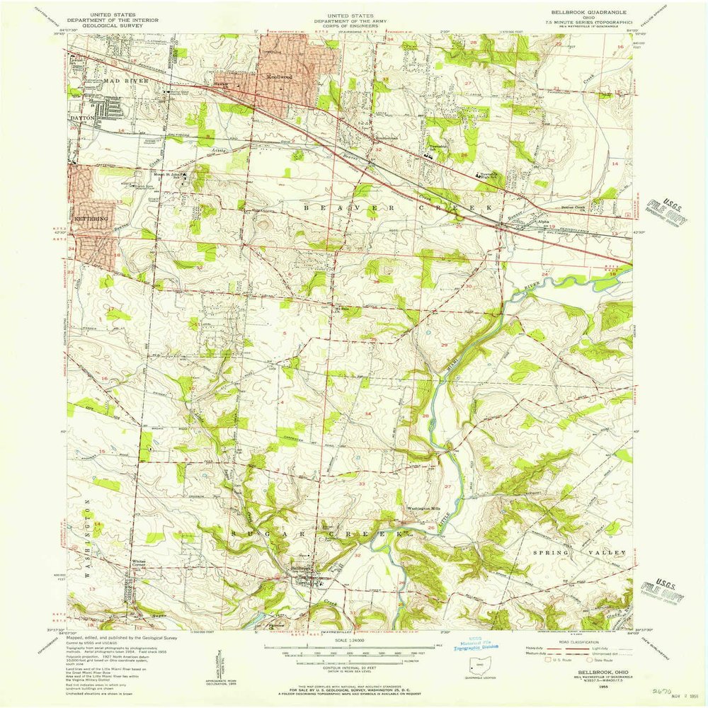 YellowMaps Bellbrook OH topo map, 1:24000 Scale, 7.5 X 7.5 Minute, Historical, 1955, Updated 1956, 27 x 22 in - Polypropylene