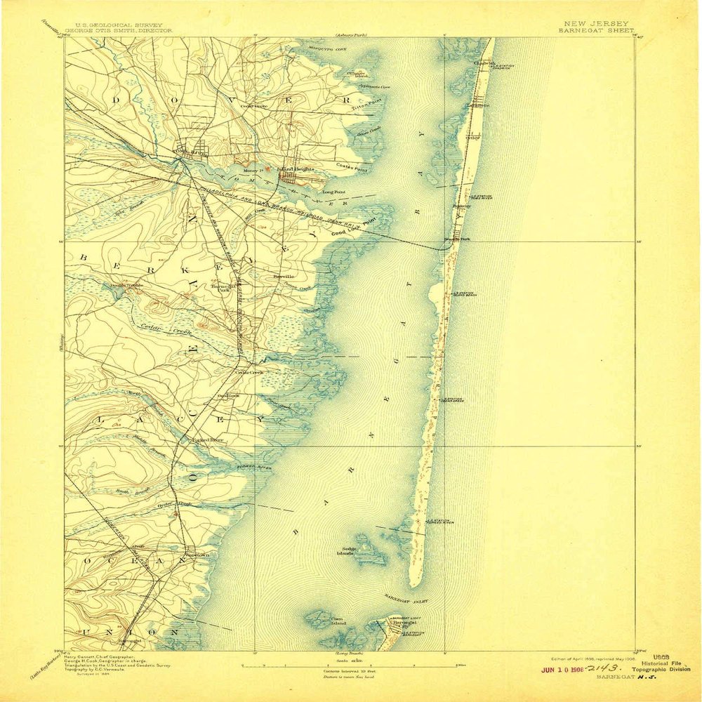 YellowMaps Barnegat NJ topo map, 1:62500 Scale, 15 X 15 Minute, Historical, 1898, Updated 1908, 20 x 16.6 in - Polypropylene