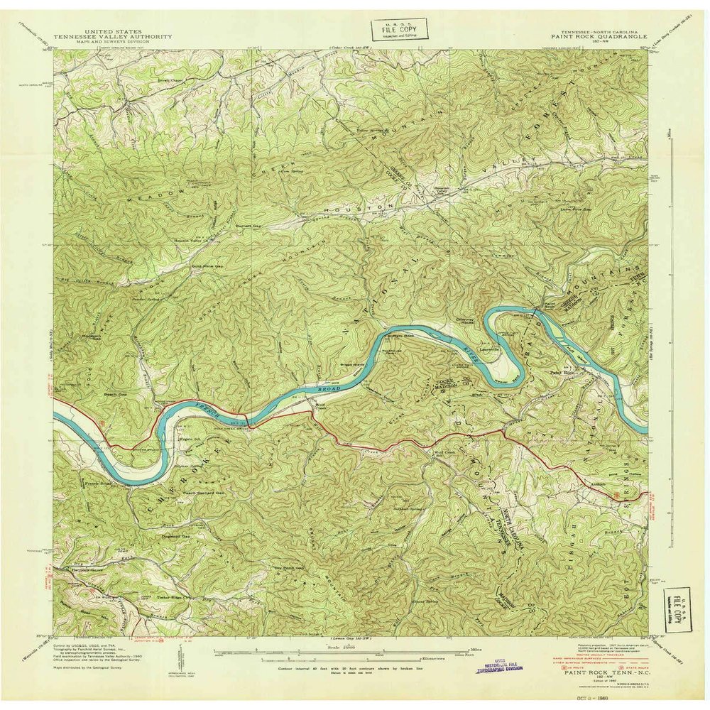 YellowMaps Paint Rock NC topo map, 1:24000 Scale, 7.5 X 7.5 Minute, Historical, 1940, 27.5 x 22 in - Polypropylene