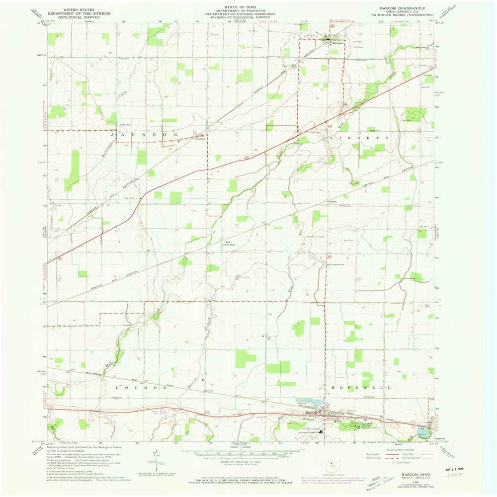 YellowMaps Bascom OH topo map, 1:24000 Scale, 7.5 X 7.5 Minute, Historical, 1960, Updated 1973, 27 x 22 in - Tyvek