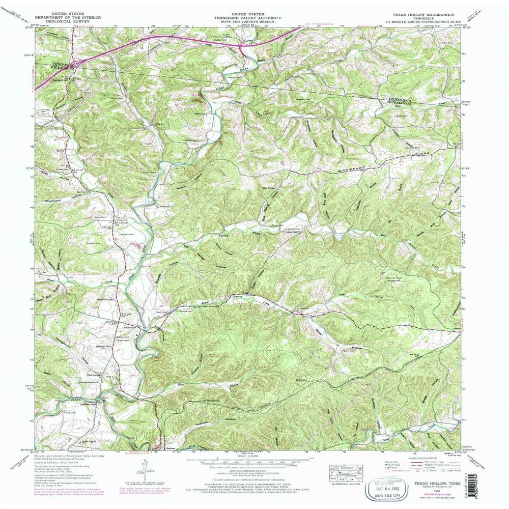 Texas Hollow TN topo map, 1:24000 Scale, 7.5 X 7.5 Minute, Historical, 1952, Updated 1970, 27.3 x 22 in - Tyvek