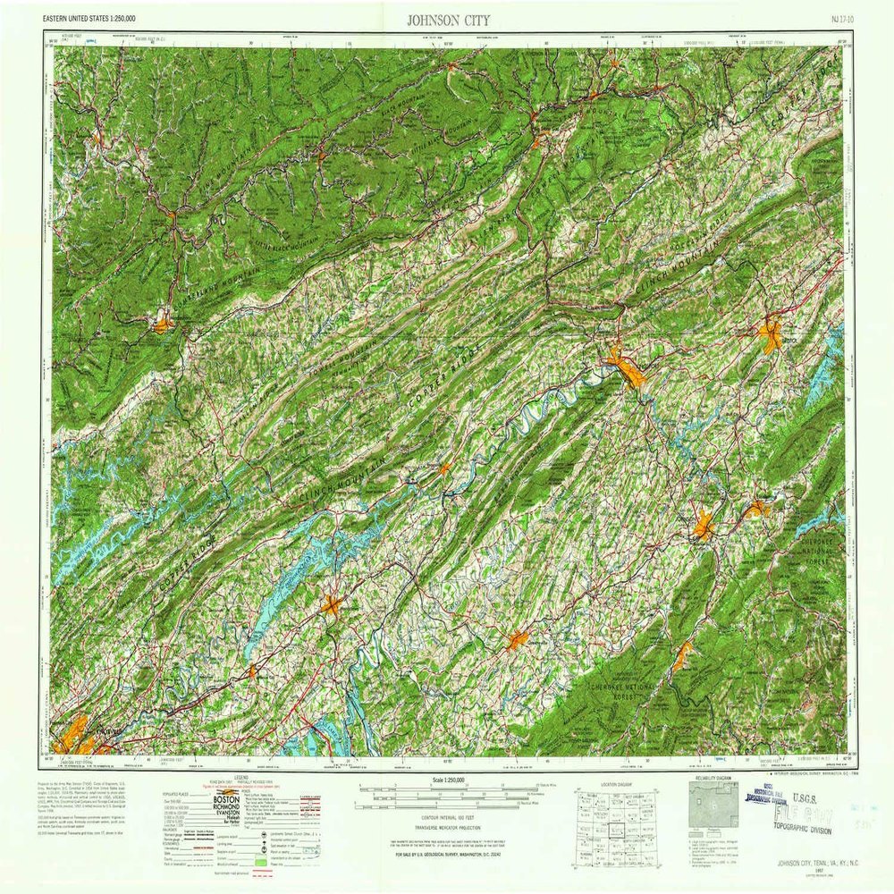 YellowMaps Johnson City TN topo map, 1:250000 Scale, 1 X 2 Degree, Historical, 1957, Updated 1966, 22 x 32 in - Tyvek