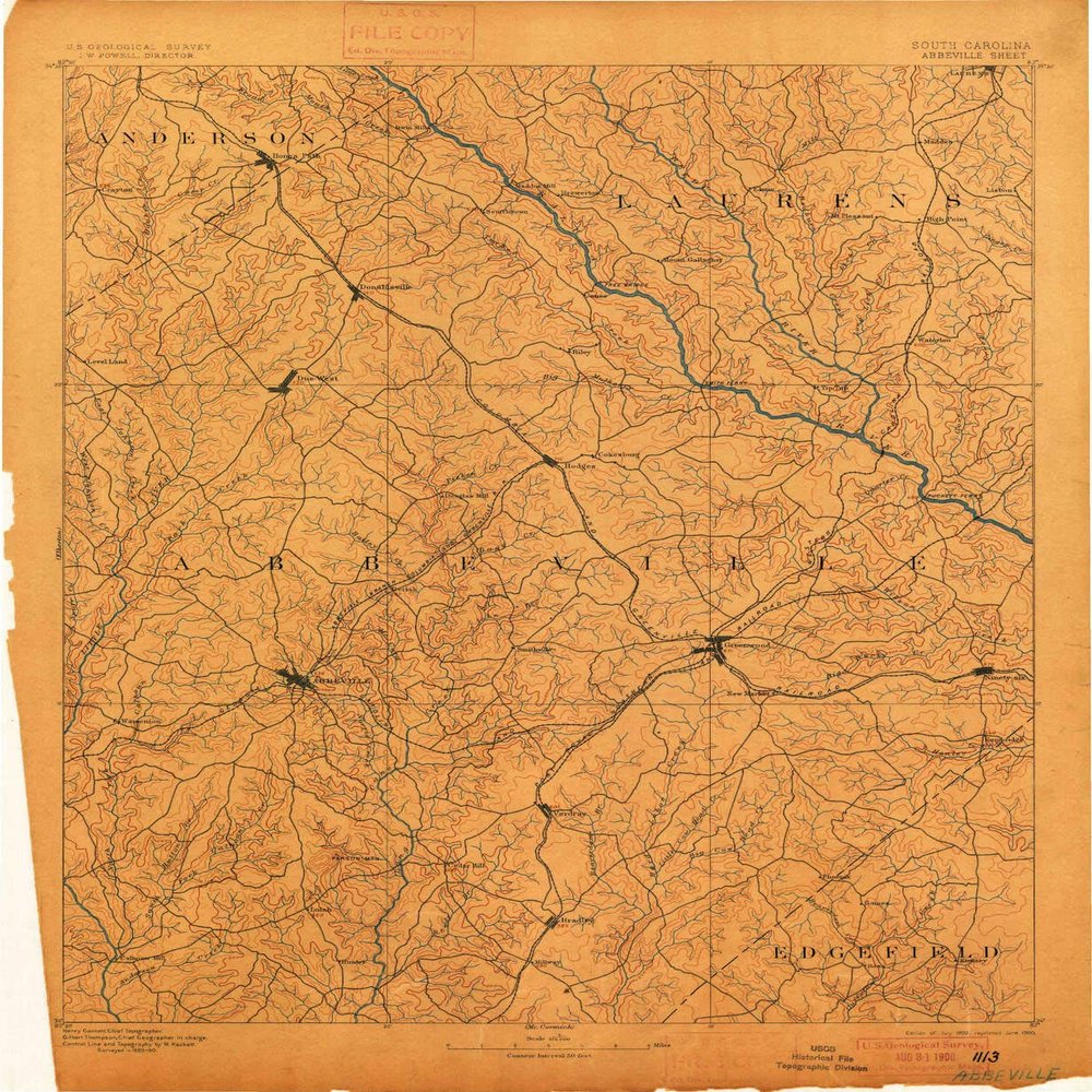 YellowMaps Abbeville SC topo map, 1:125000 Scale, 30 X 30 Minute, Historical, 1892, Updated 1900, 19.9 x 16.4 in - Polypropylene