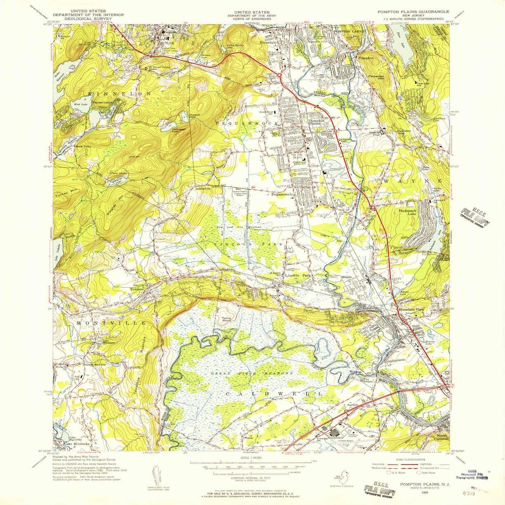 YellowMaps Pompton Plains NJ topo map, 1:24000 Scale, 7.5 X 7.5 Minute, Historical, 1955, Updated 1956, 27 x 22 in - Tyvek
