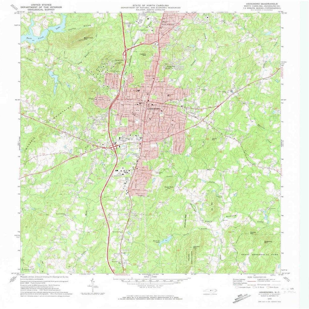 YellowMaps Asheboro NC topo map, 1:24000 Scale, 7.5 X 7.5 Minute, Historical, 1970, Updated 1974, 26.9 x 22 in - Polypropylene