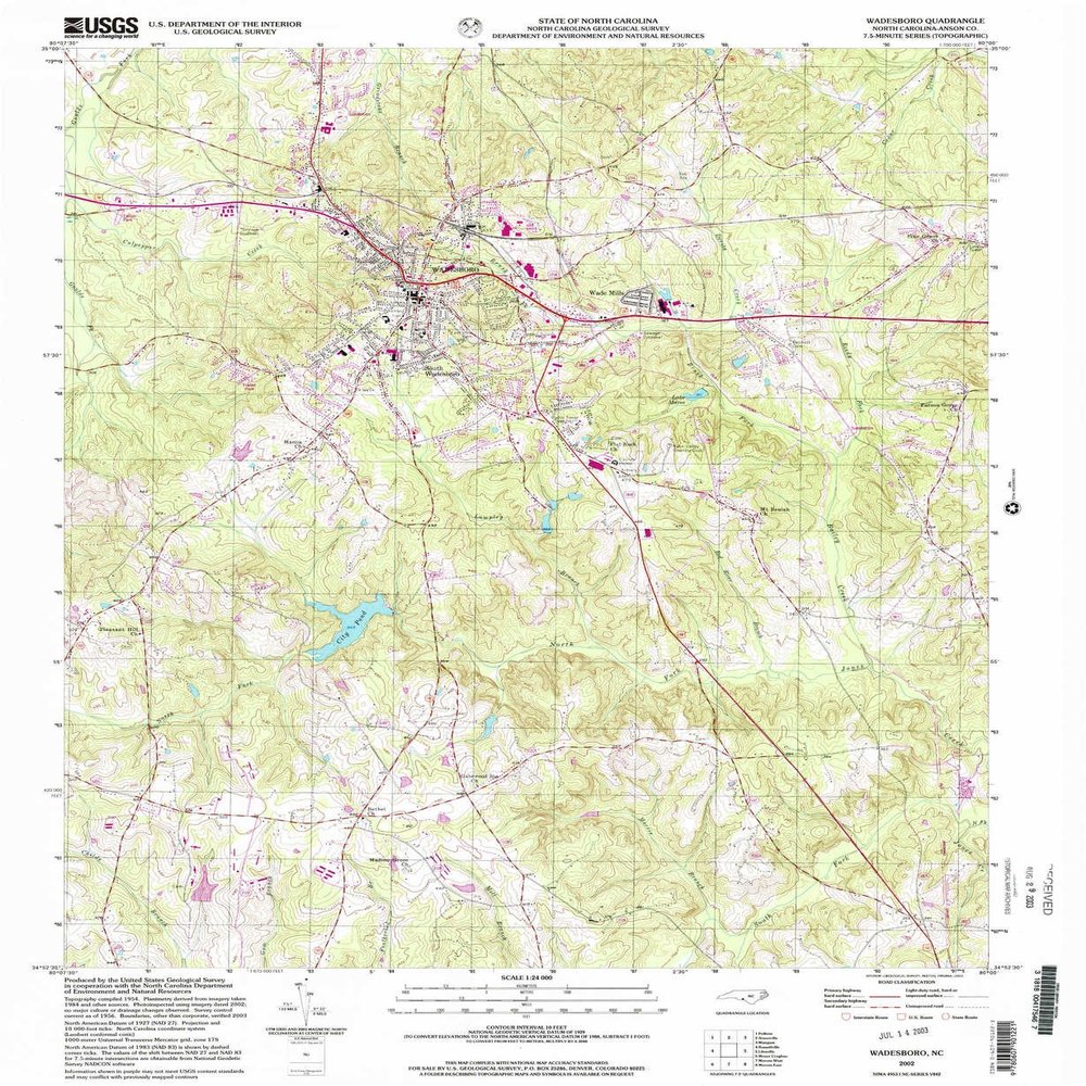 YellowMaps Wadesboro NC topo map, 1:24000 Scale, 7.5 X 7.5 Minute, Historical, 2002, Updated 2003, 26.8 x 22 in - Polypropylene