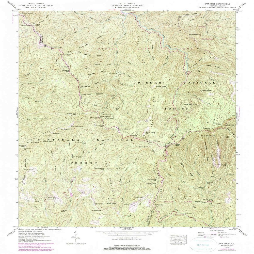 YellowMaps Sam Knob NC topo map, 1:24000 Scale, 7.5 X 7.5 Minute, Historical, 1946, Updated 1979, 26.8 x 21.8 in - Tyvek