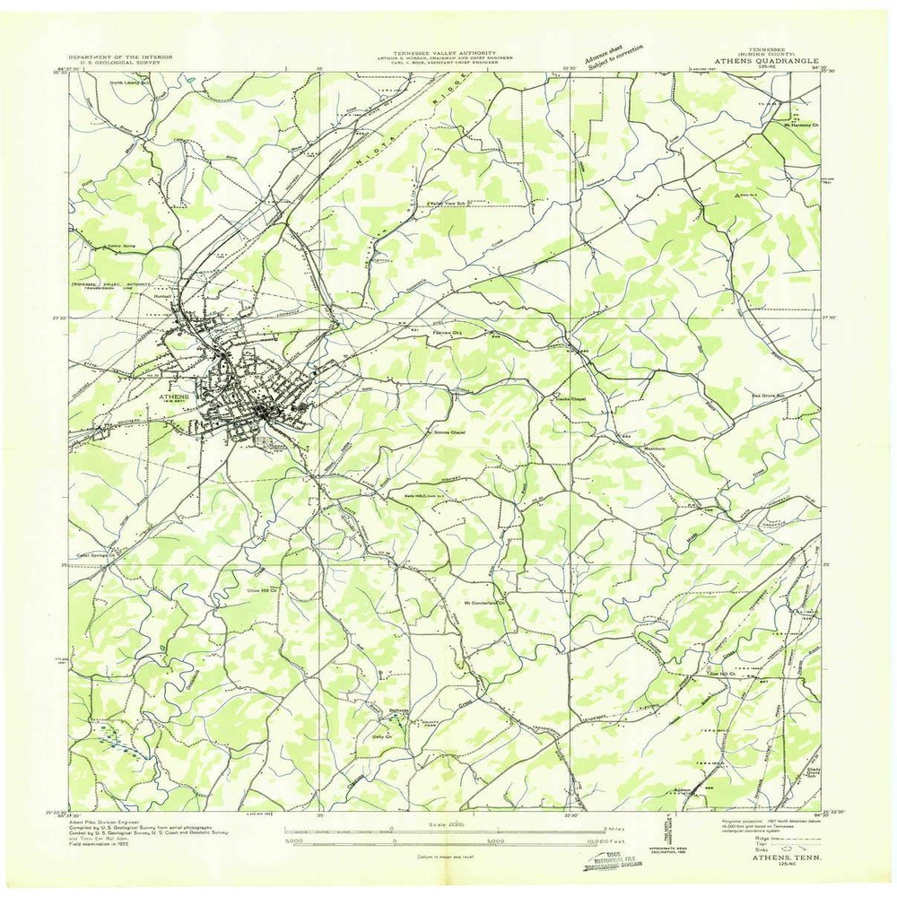YellowMaps Athens TN topo map, 1:24000 Scale, 7.5 X 7.5 Minute, Historical, 1935, 27.4 x 22 in - Tyvek
