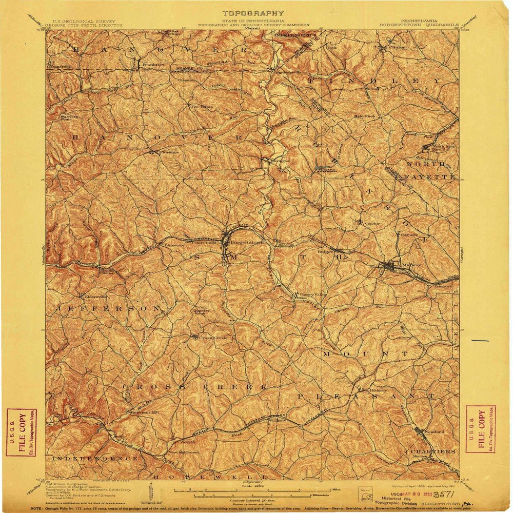YellowMaps Burgettstown PA topo map, 1:62500 Scale, 15 X 15 Minute, Historical, 1906, Updated 1911, 19.9 x 16.5 in - Polypropylene