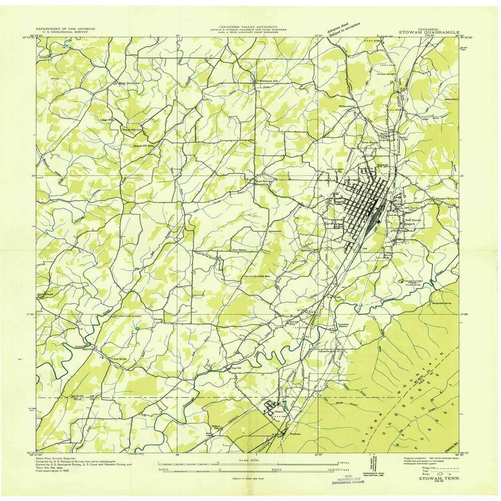 YellowMaps Etowah TN topo map, 1:24000 Scale, 7.5 X 7.5 Minute, Historical, 1935, 27.3 x 22 in - Tyvek