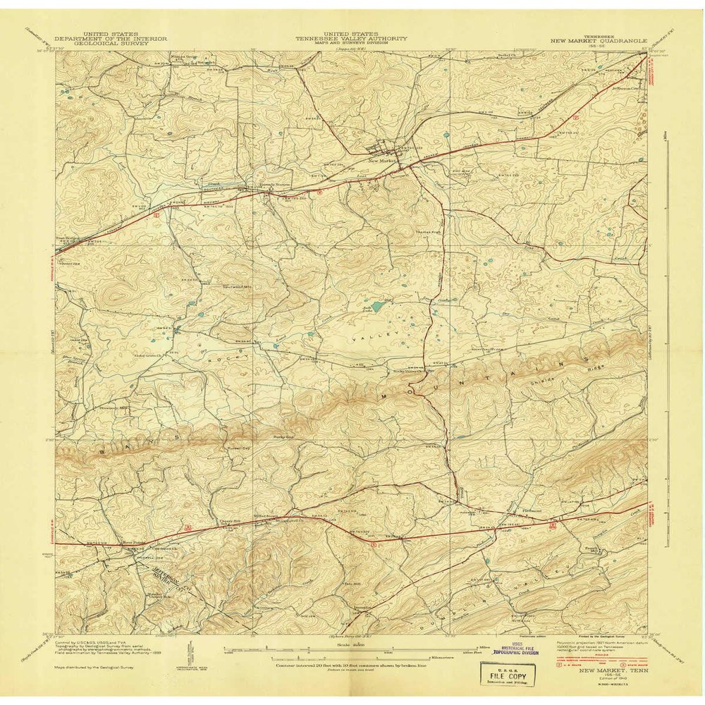 YellowMaps New Market TN topo map, 1:24000 Scale, 7.5 X 7.5 Minute, Historical, 1940, 27.4 x 22 in - Polypropylene