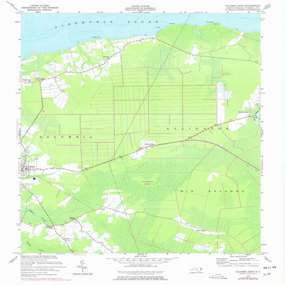 YellowMaps Columbia East NC topo map, 1:24000 Scale, 7.5 X 7.5 Minute, Historical, 1953, Updated 1977, 27 x 22 in - Polypropylene
