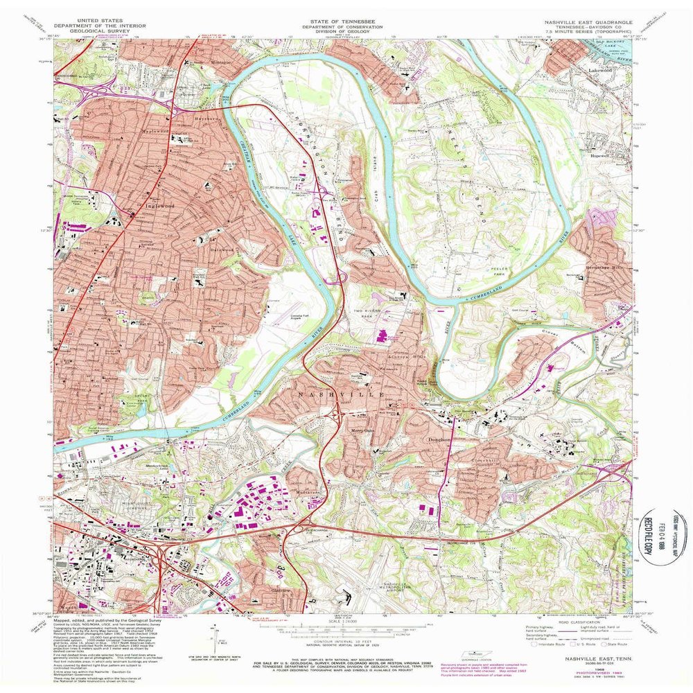 YellowMaps Nashville East TN topo map, 1:24000 Scale, 7.5 X 7.5 Minute, Historical, 1968, Updated 1988, 27.4 x 22 in - Polypropylene