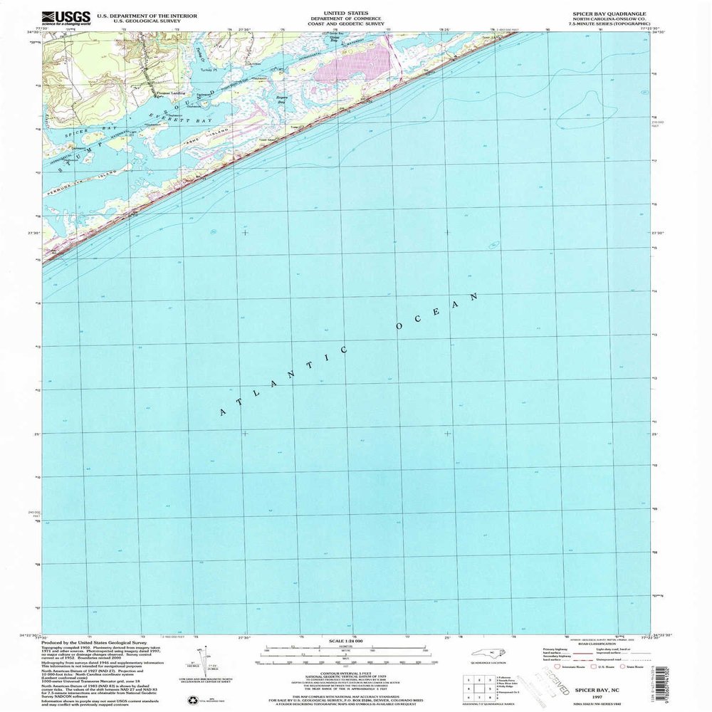 YellowMaps Spicer Bay NC topo map, 1:24000 Scale, 7.5 X 7.5 Minute, Historical, 1997, Updated 2000, 26.8 x 22 in - Polypropylene