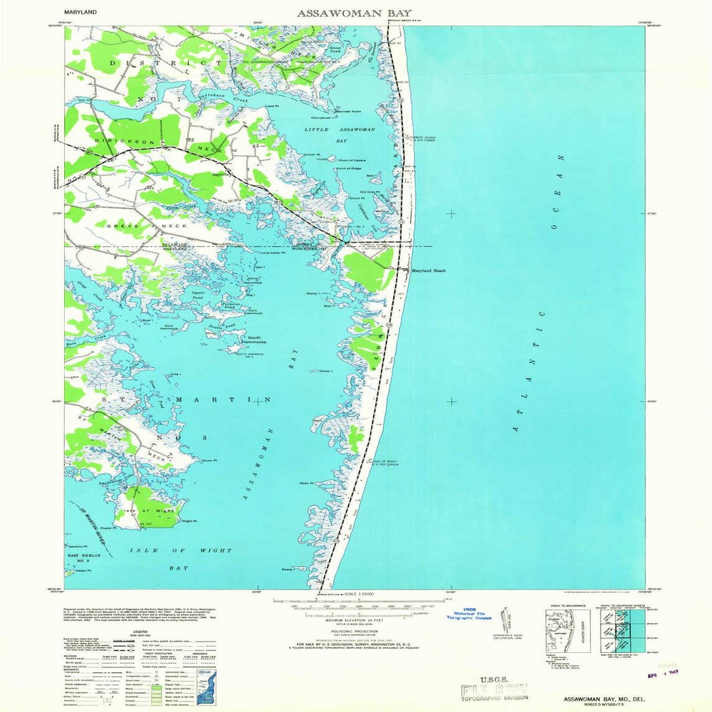 YellowMaps Assawoman Bay MD topo map, 1:24000 Scale, 7.5 X 7.5 Minute, Historical, 1953, 28.8 x 21.9 in - Tyvek