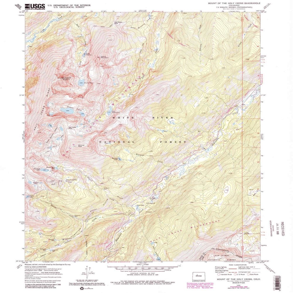 YellowMaps Mount of The Holy Cross CO topo map, 1:24000 Scale, 7.5 X 7.5 Minute, Historical, 1970, Updated 1988, 26.8 x 22 in - Polypropylene