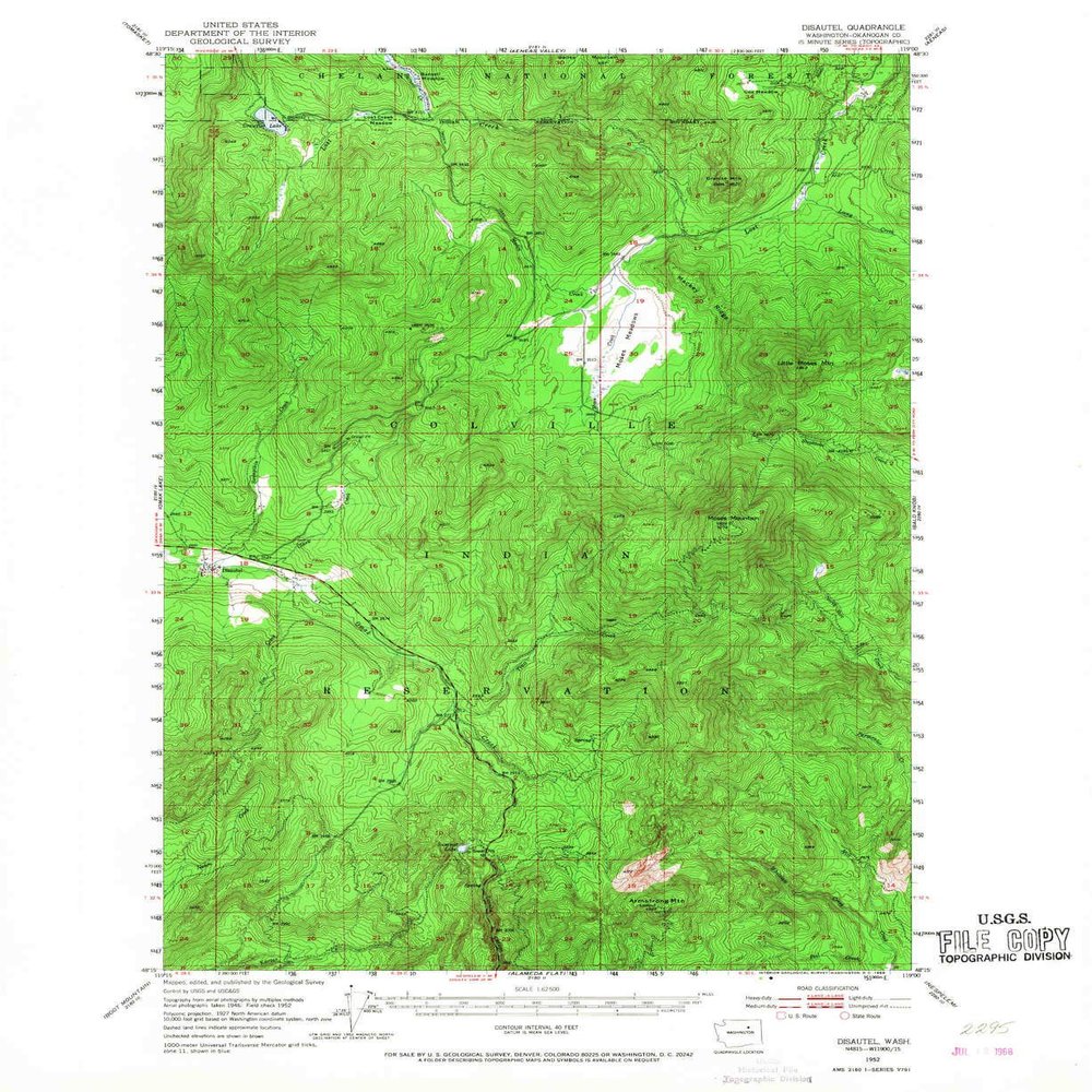 YellowMaps Disautel WA topo map, 1:62500 Scale, 15 X 15 Minute, Historical, 1952, Updated 1968, 20.9 x 17.1 in - Tyvek