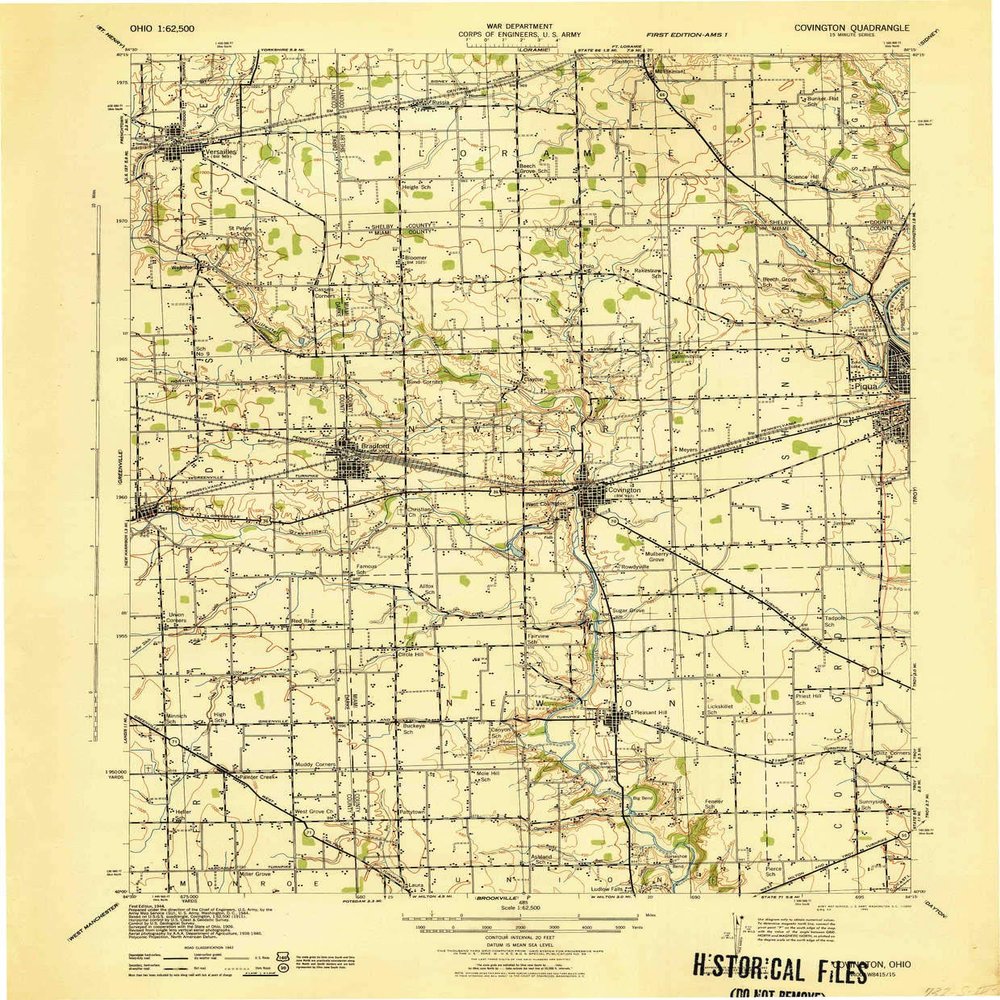 YellowMaps Covington OH topo map, 1:62500 Scale, 15 X 15 Minute, Historical, 1944, 20.7 x 17.1 in - Polypropylene