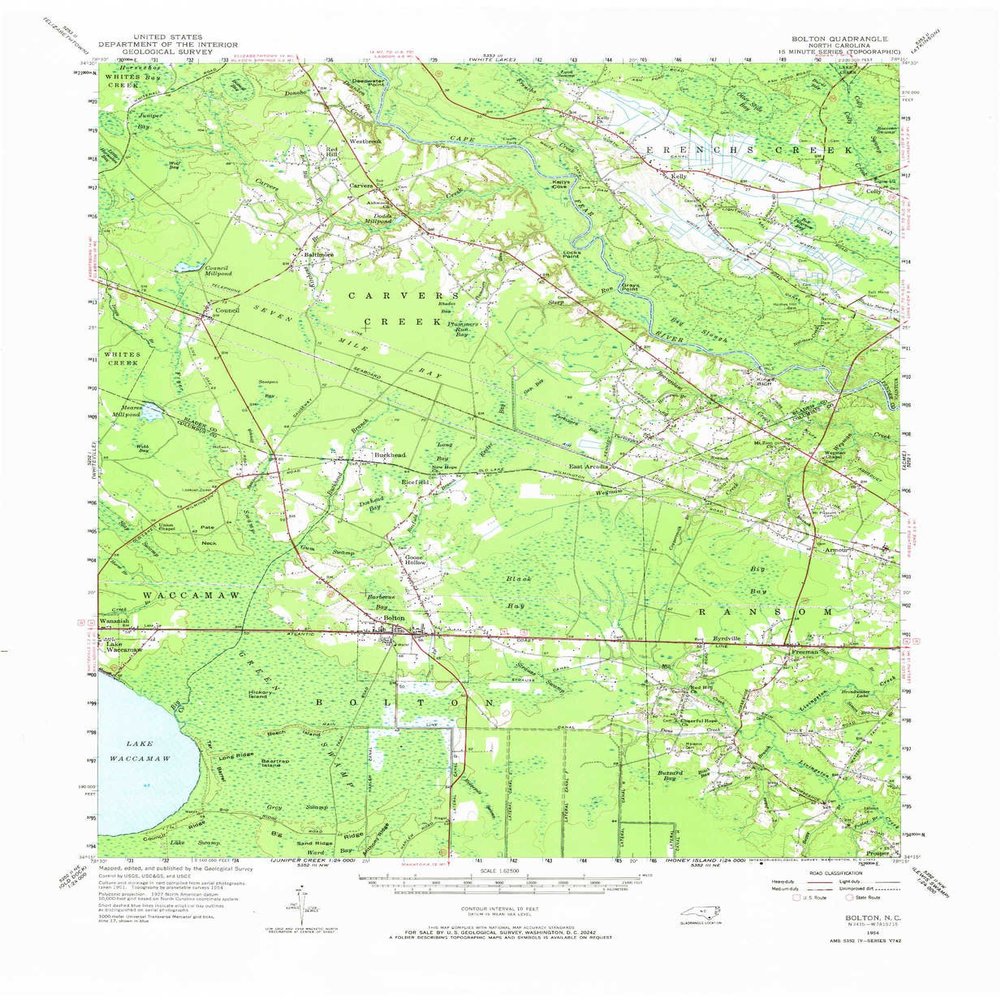 YellowMaps Bolton NC topo map, 1:62500 Scale, 15 X 15 Minute, Historical, 1954, Updated 1972, 22 x 18.1 in - Polypropylene