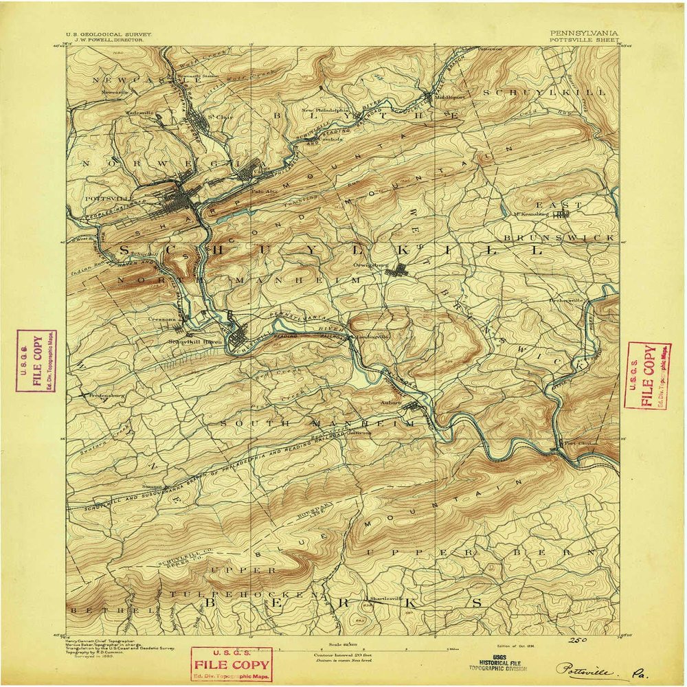 YellowMaps Pottsville PA topo map, 1:62500 Scale, 15 X 15 Minute, Historical, 1891, 20.3 x 16.6 in - Tyvek