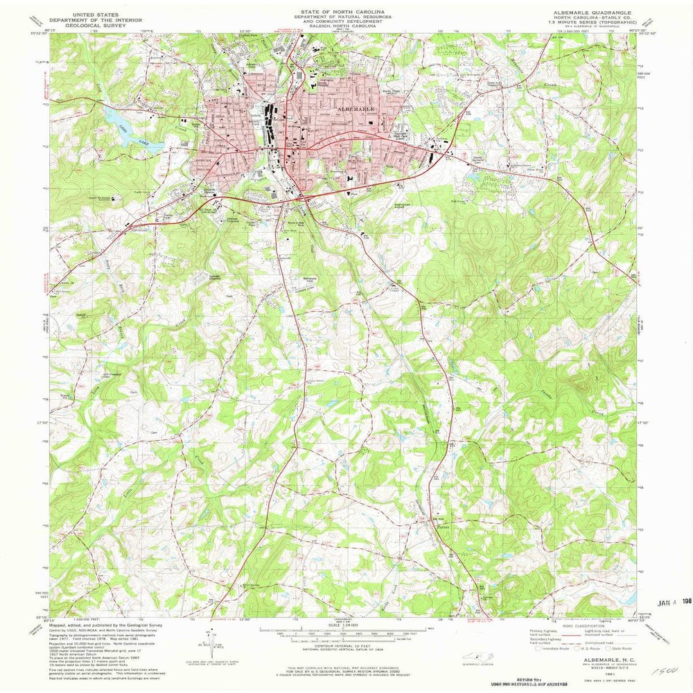 YellowMaps Albemarle NC topo map, 1:24000 Scale, 7.5 X 7.5 Minute, Historical, 1981, Updated 1982, 26.9 x 21.9 in - Tyvek