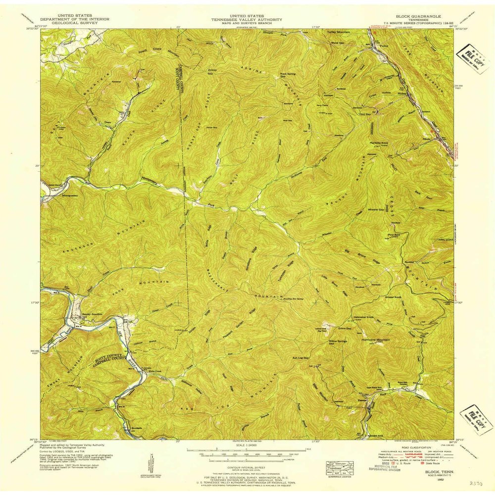 YellowMaps Block TN topo map, 1:24000 Scale, 7.5 X 7.5 Minute, Historical, 1952, Updated 1984, 27.3 x 22 in - Tyvek